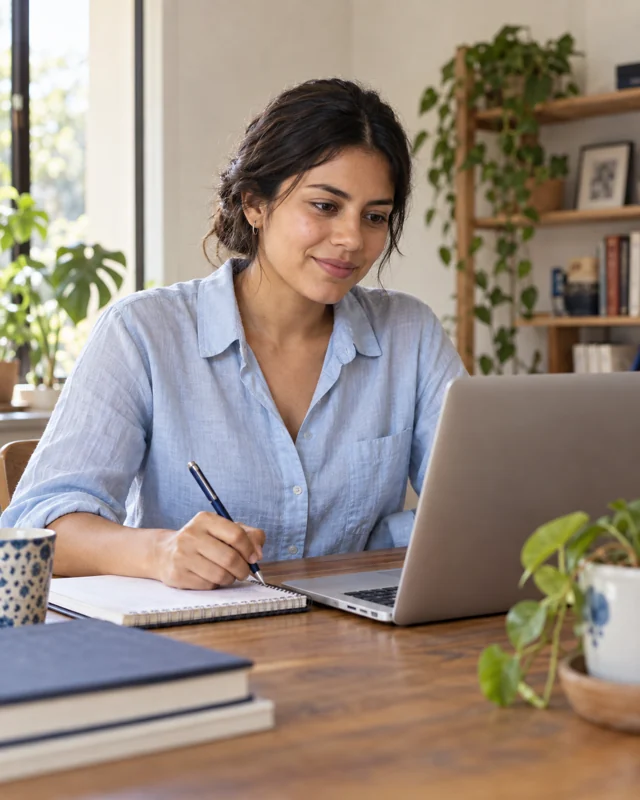 Estudiante consultando contenidos en su portátil junto a sus apuntes